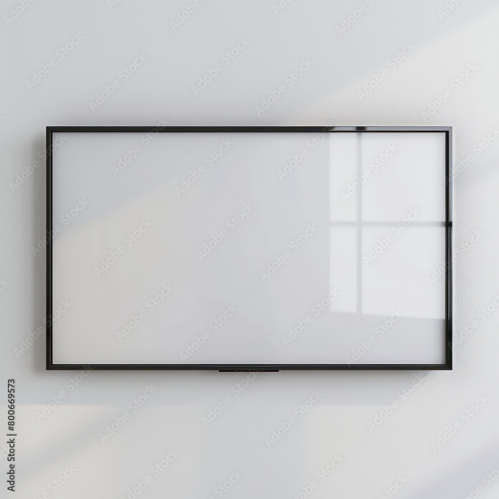 mockup of a thin black picture frame border with a blank screen in light interiors