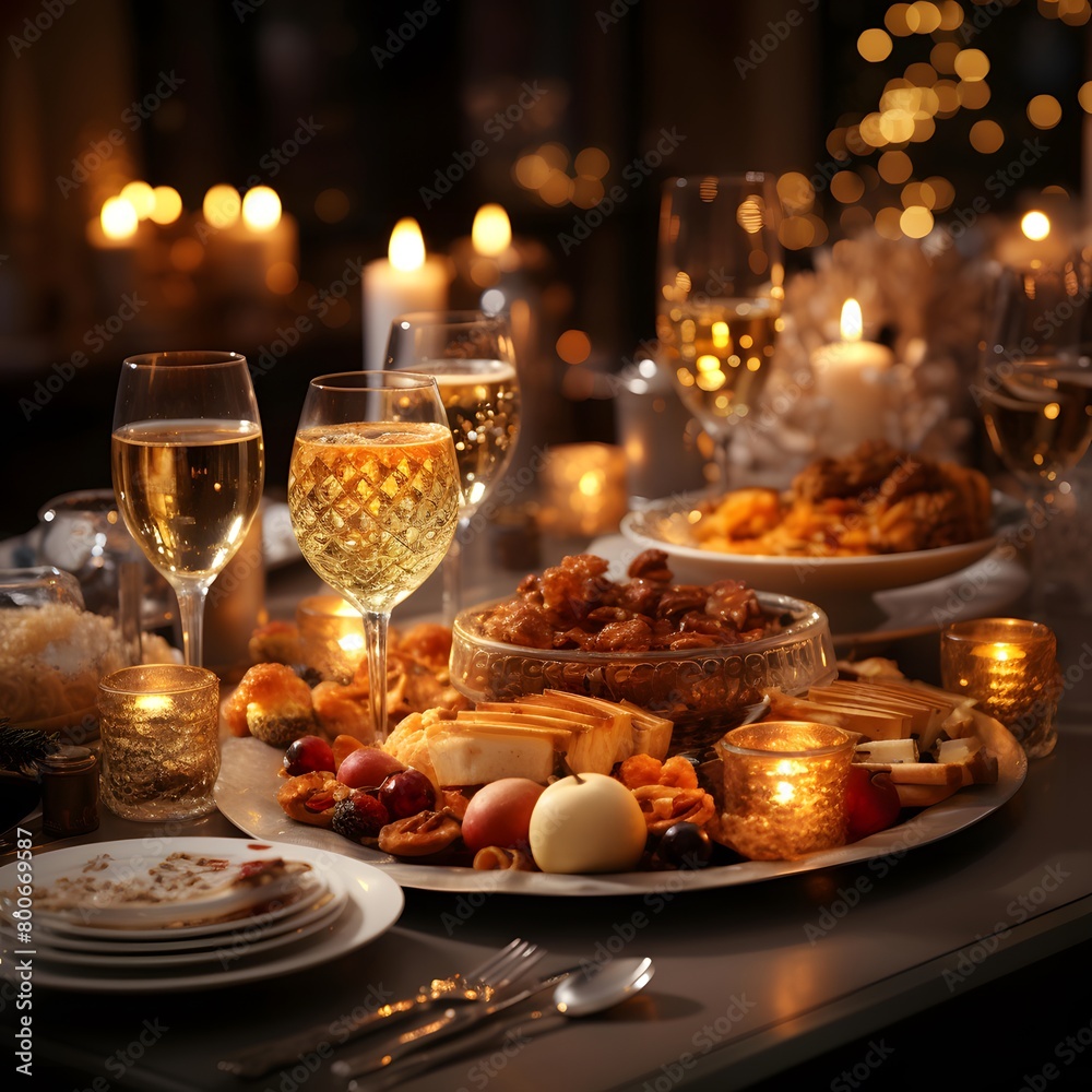 Table set for wedding or other celebration in a restaurant. Food and drink.