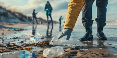 A person wearing gloves is picking up plastic bottles from the beach, with other people in the background cleaning and helping to clean it up. photo