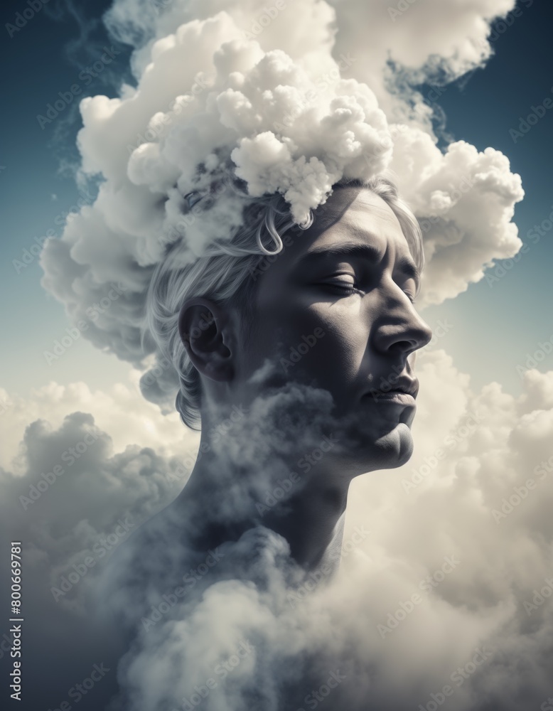 man with smoke in his head and clouds surrounding him. man with smoke in his head and clouds surrounding him.