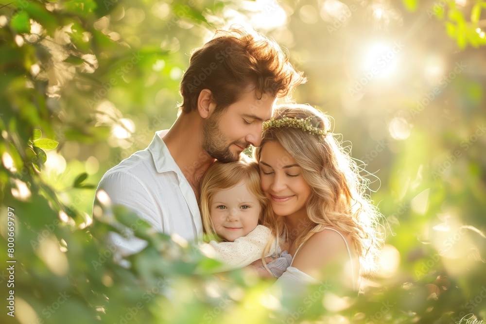Portrait of a happy family with a child in the garden. Portrait of a happy family with a child in the garden.