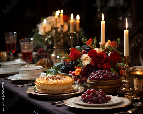 Wedding table with fruits  cakes and candles in the dark