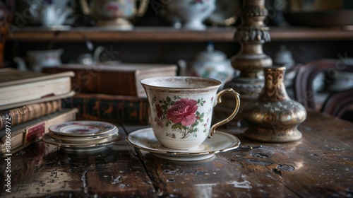 A beautifully detailed vintage teacup and saucer set rests on a weathered wooden table among antique books