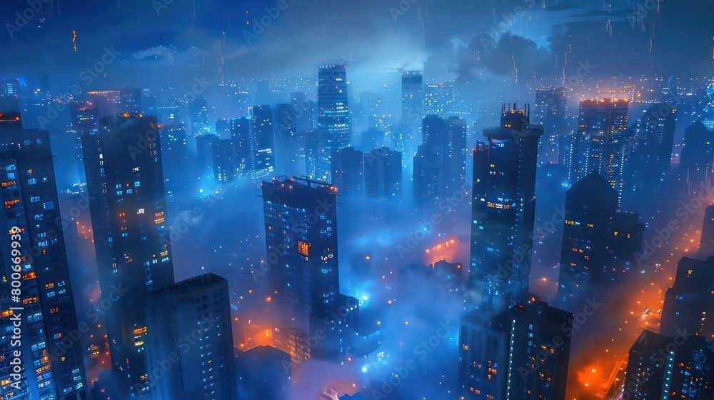 modern city at night backlighted with blue atmosphere