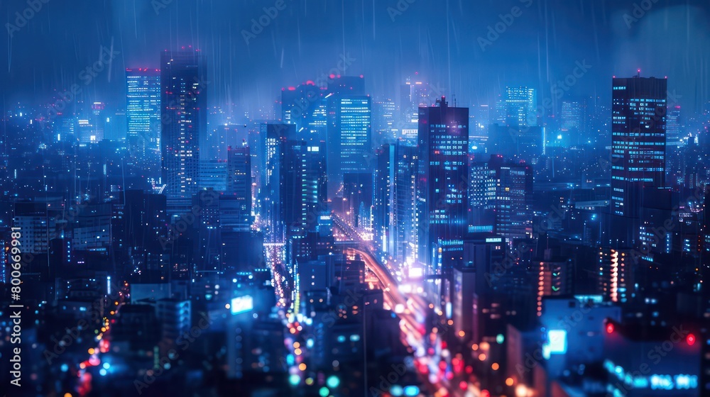 modern city at night backlighted with blue atmosphere