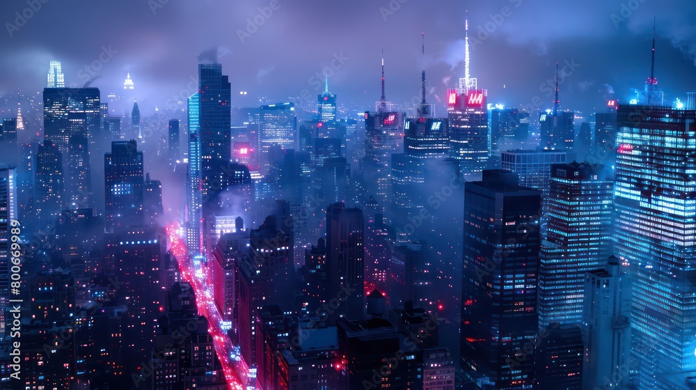 modern city at night backlighted with blue atmosphere