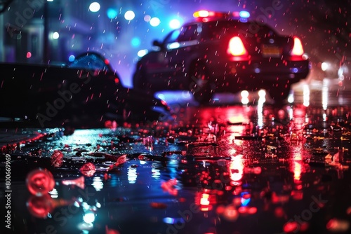 A vivid close-up of a police car's rear lights reflecting on wet city streets at night, highlighting emergency services in urban settings