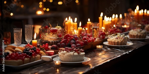 decorated table for a birthday party with candles, cakes and fruits