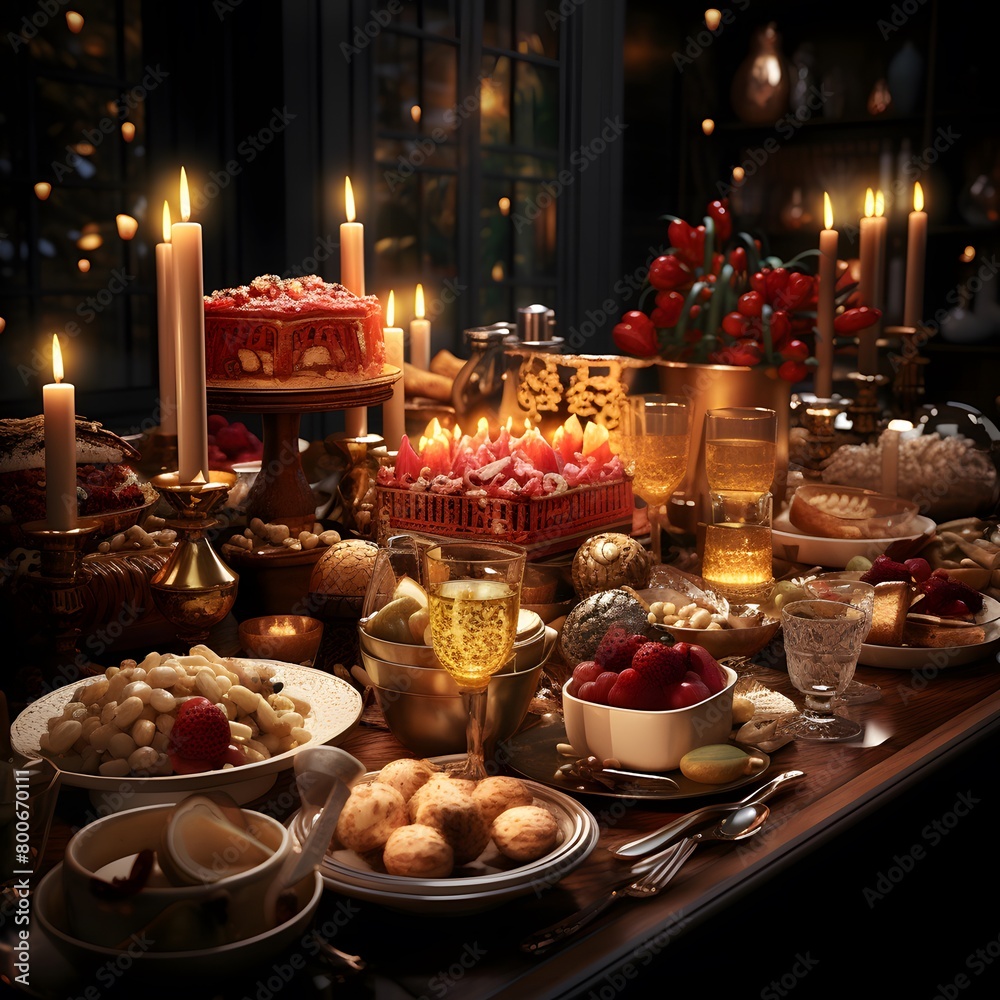Festive table setting for Christmas or New Year dinner. Festive table decorated with candles, candies, nuts and fruits.