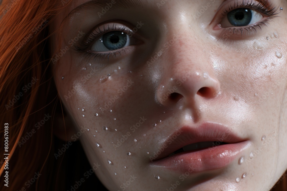 Closeup of a woman's face with water droplets
