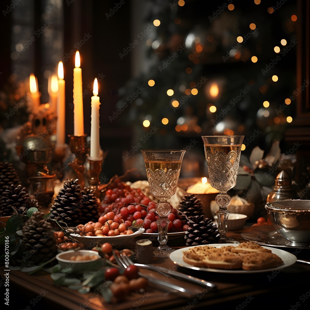 Christmas table with wine and cookies. Selective focus. Holiday.