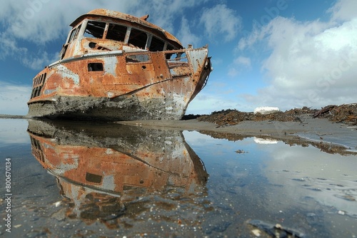 An abandoned shipwreck decaying on a beach, with its rusting hull reflecting on the wet sand, embodying decay and loss