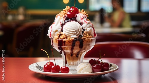 Delicious ice cream sundae with cherries and crumble topping