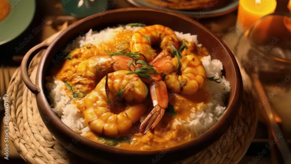 A bowl of shrimp and rice with a candle in the background A bowl of shrimp and rice with a candle in the background