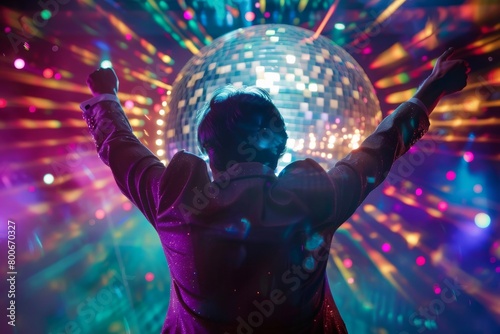 A lively party atmosphere with a person in a glittery jacket under a disco ball  vibrant lights highlighting the jubilant mood