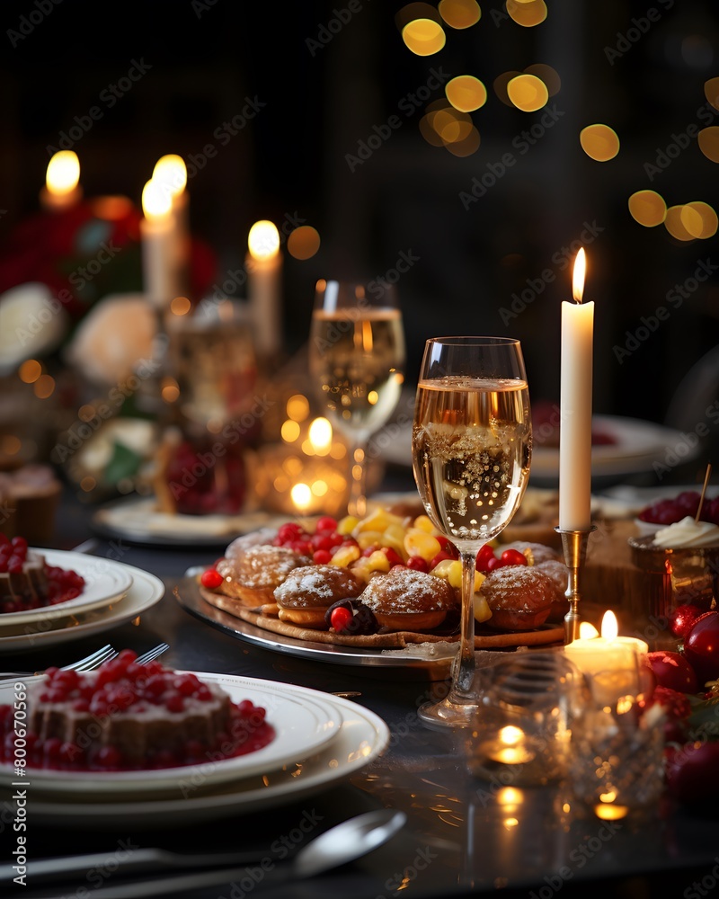 Festive table setting for Christmas or New Year dinner. Glasses with champagne, candies, berries and cakes on the table.