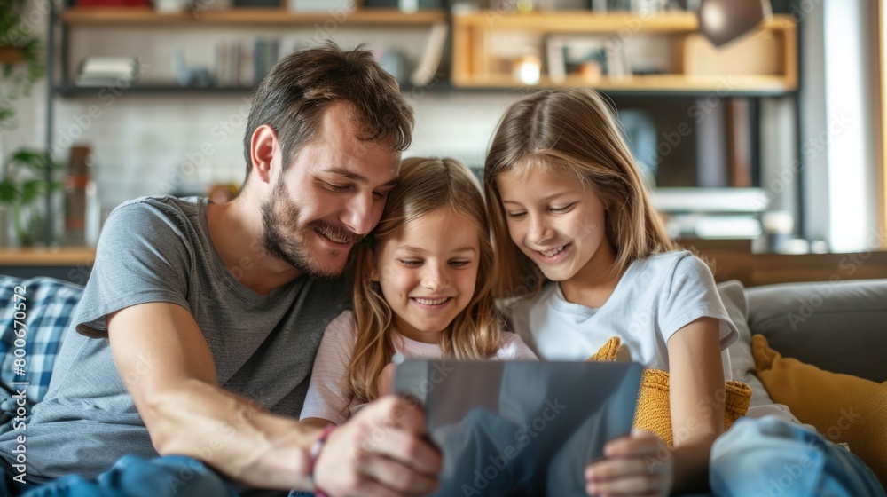 Obraz premium Man and Two Little Girls Looking at a Book