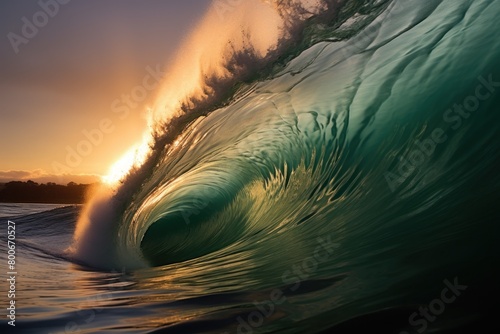 Powerful ocean wave at sunset