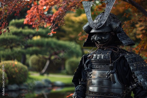 Majestic samurai armor stands poised in a tranquil traditional Japanese garden setting © ChaoticMind