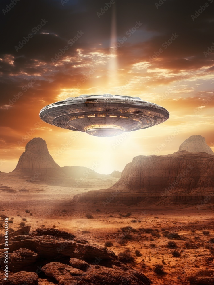 Futuristic UFO Hovering Over Alien Landscape Futuristic UFO Hovering Over Alien Landscape