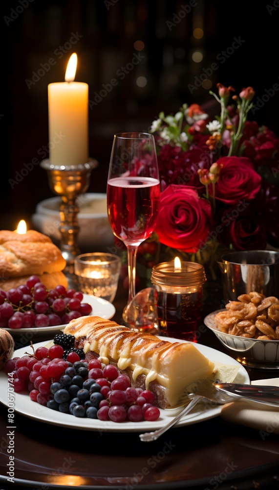 Romantic dinner with wine, croissants, berries and honey