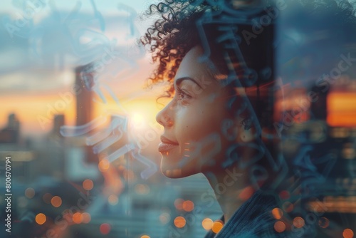 An abstract representation of a woman with her face blurred against a vibrant city background with lights