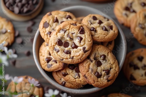 chocolate chip cookies in table flat lay