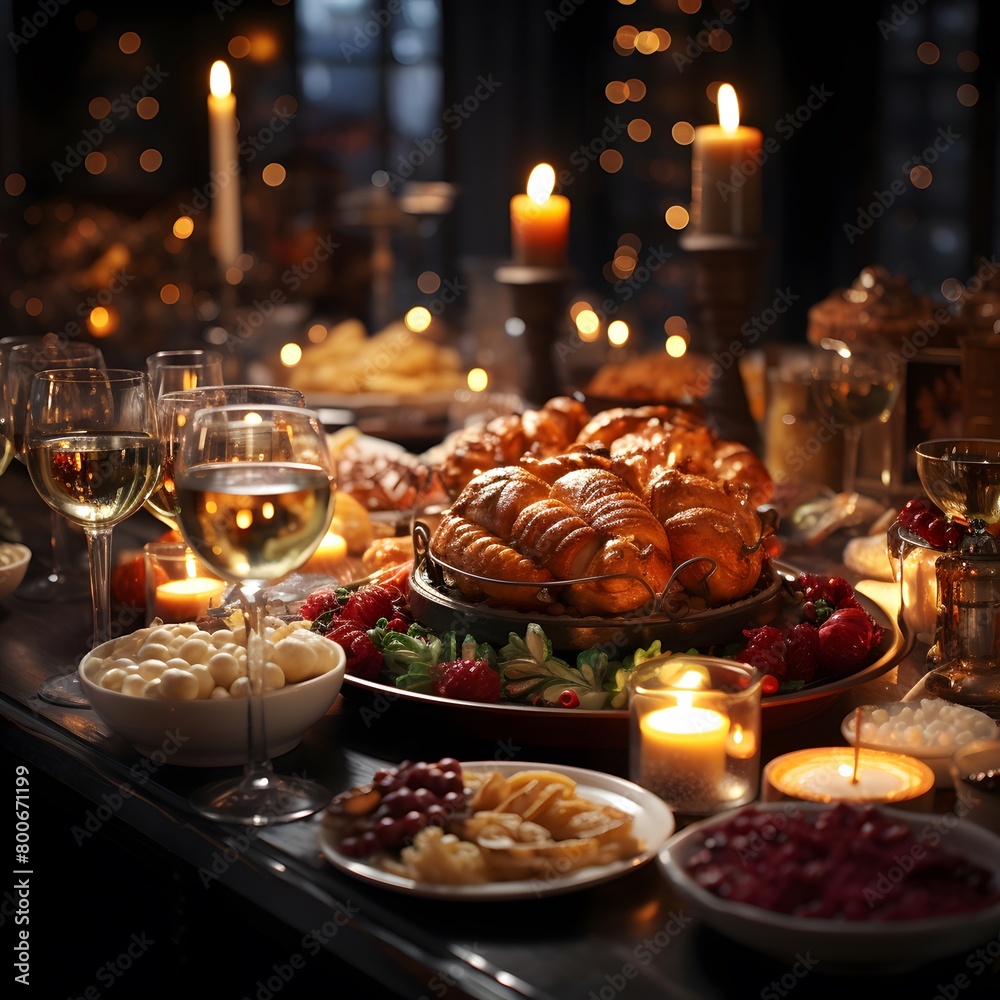 Festive table with variety of food and drinks. Celebration concept.
