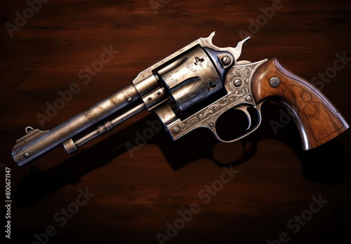 Vintage Revolver on Wooden Background