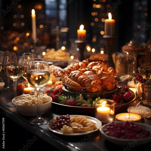 Festive table with variety of food and drinks. Celebration concept.