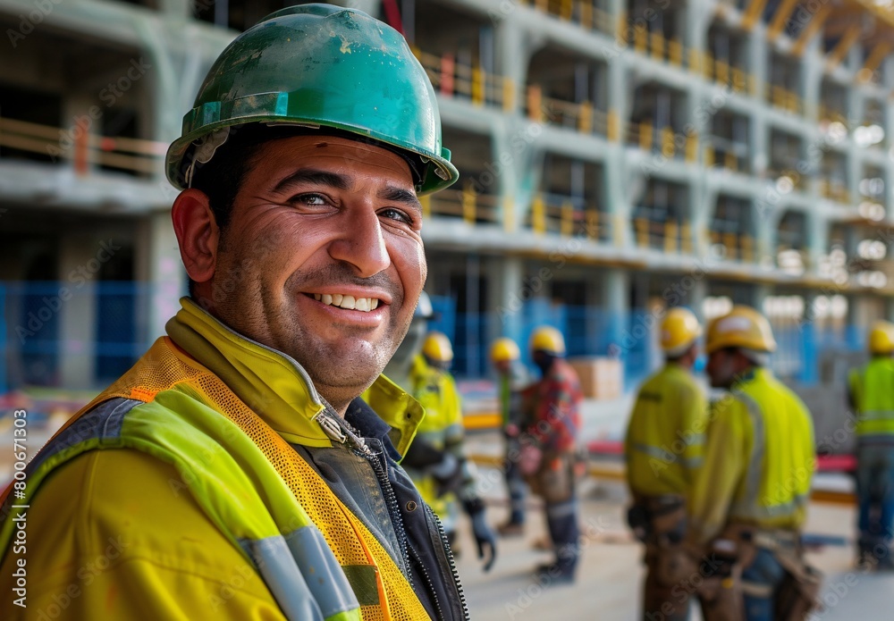Fototapeta premium A portrait of happy construction workers in yellow and green workwear