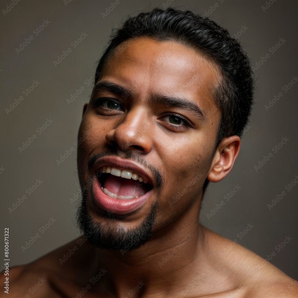 Obraz premium A bearded man is smiling with open lips, showing his jawline and muscles