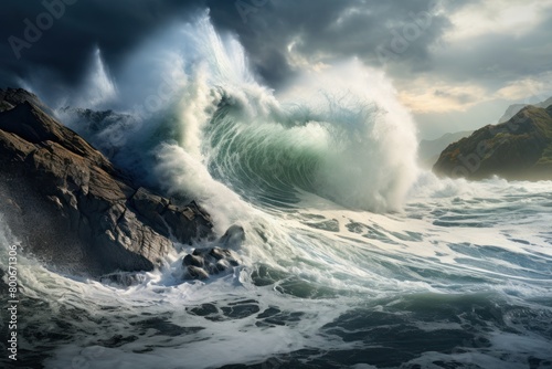 Powerful ocean wave crashing against rocky shore
