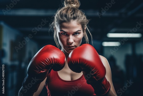 Determined female boxer in red gloves © Balaraw