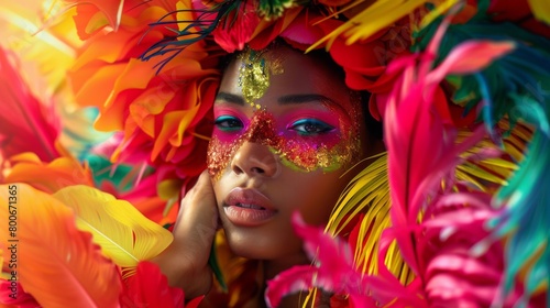 Woman With Colorful Makeup and Feathers