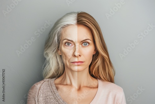 Science and gravity inform skin care breakthroughs in aging stage portrait and skincare comparison.