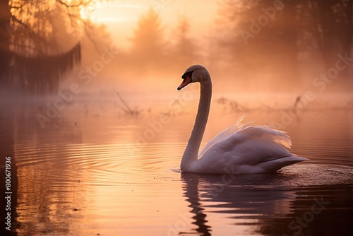 Serene swan swimming in golden sunset