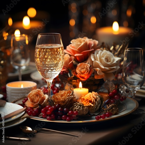 Festive table setting with flowers  candles and champagne. Selective focus.