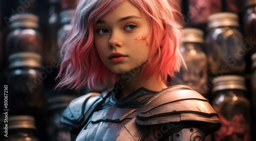 Futuristic warrior with vibrant pink hair