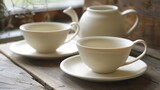 A set of delicate tea cups and saucers made from lightweight and durable porcelain paper clay..