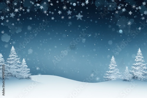 Snowy winter landscape with pine trees and falling snowflakes