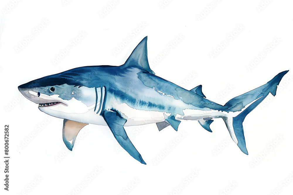Obraz premium Minimalistic watercolor of a Shark on a white background, cute and comical.