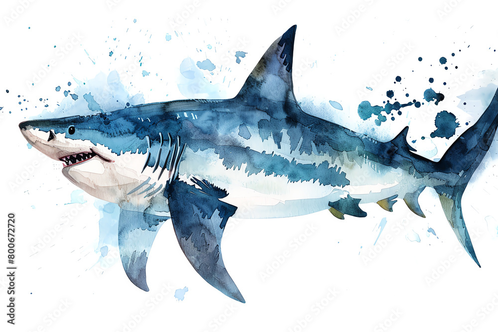 Minimalistic watercolor of a Shark on a white background, cute and comical.
