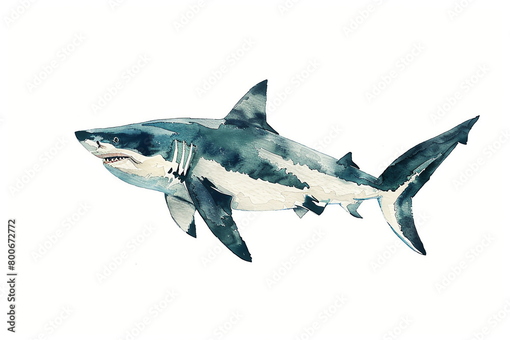 Fototapeta premium Minimalistic watercolor of a Shark on a white background, cute and comical.