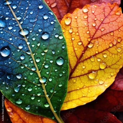 Vibrant Autumn Leaves with Dew Drops