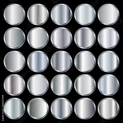 Silver texture gradient round plates vector set. Metallic design for frames, banners and labels