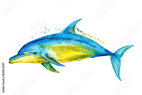 Minimalistic watercolor of a Mahi Mahi (Dolphin Fish) on a white background, cute and comical.