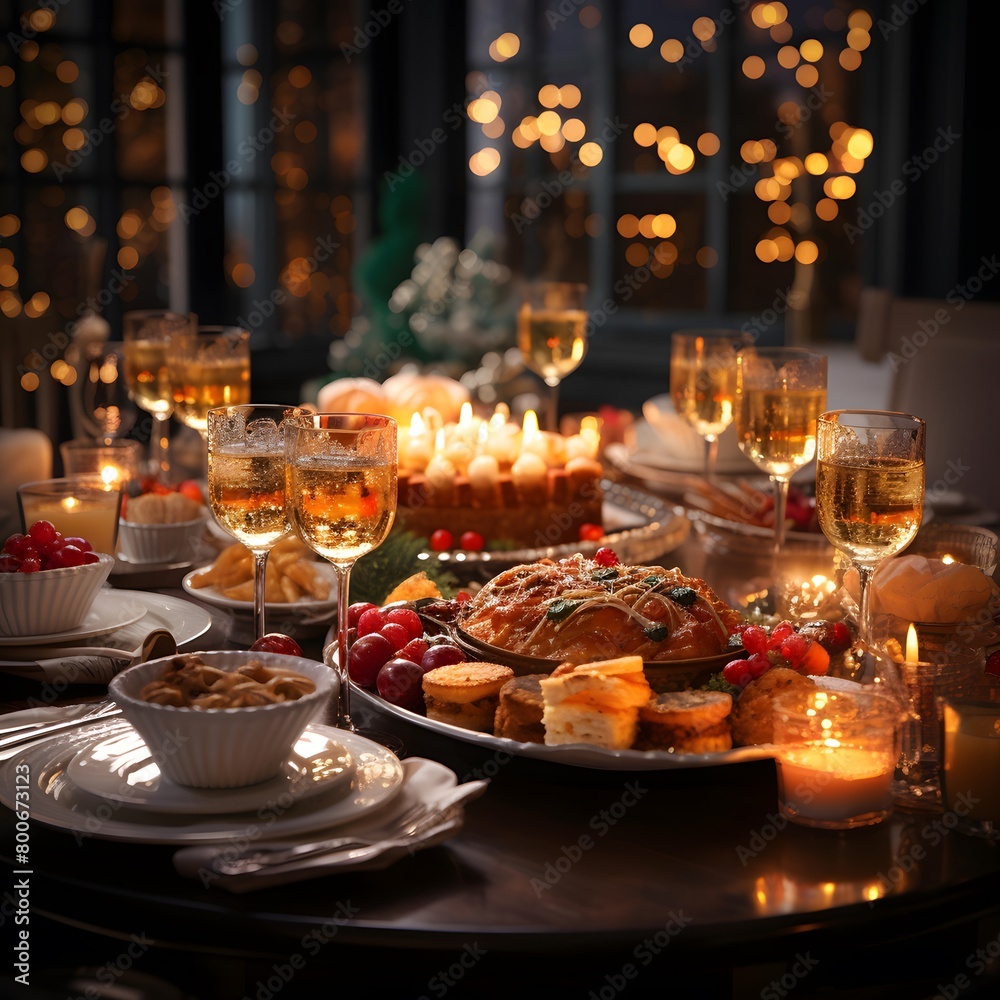 Festive table with a variety of food and drinks in the restaurant