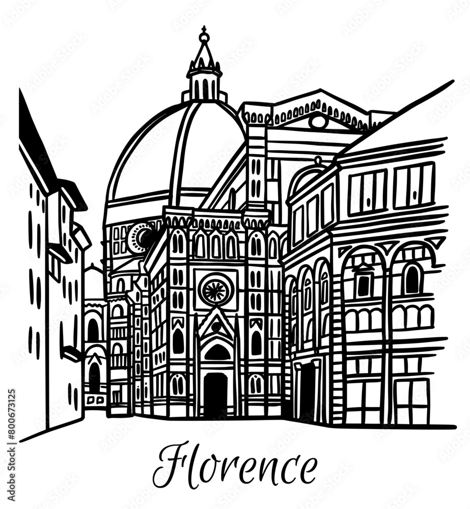 Line art drawing of Cathedral of Santa Maria del Fiore in Florence, Italy, architecture tourism landmark, travel destination illustration