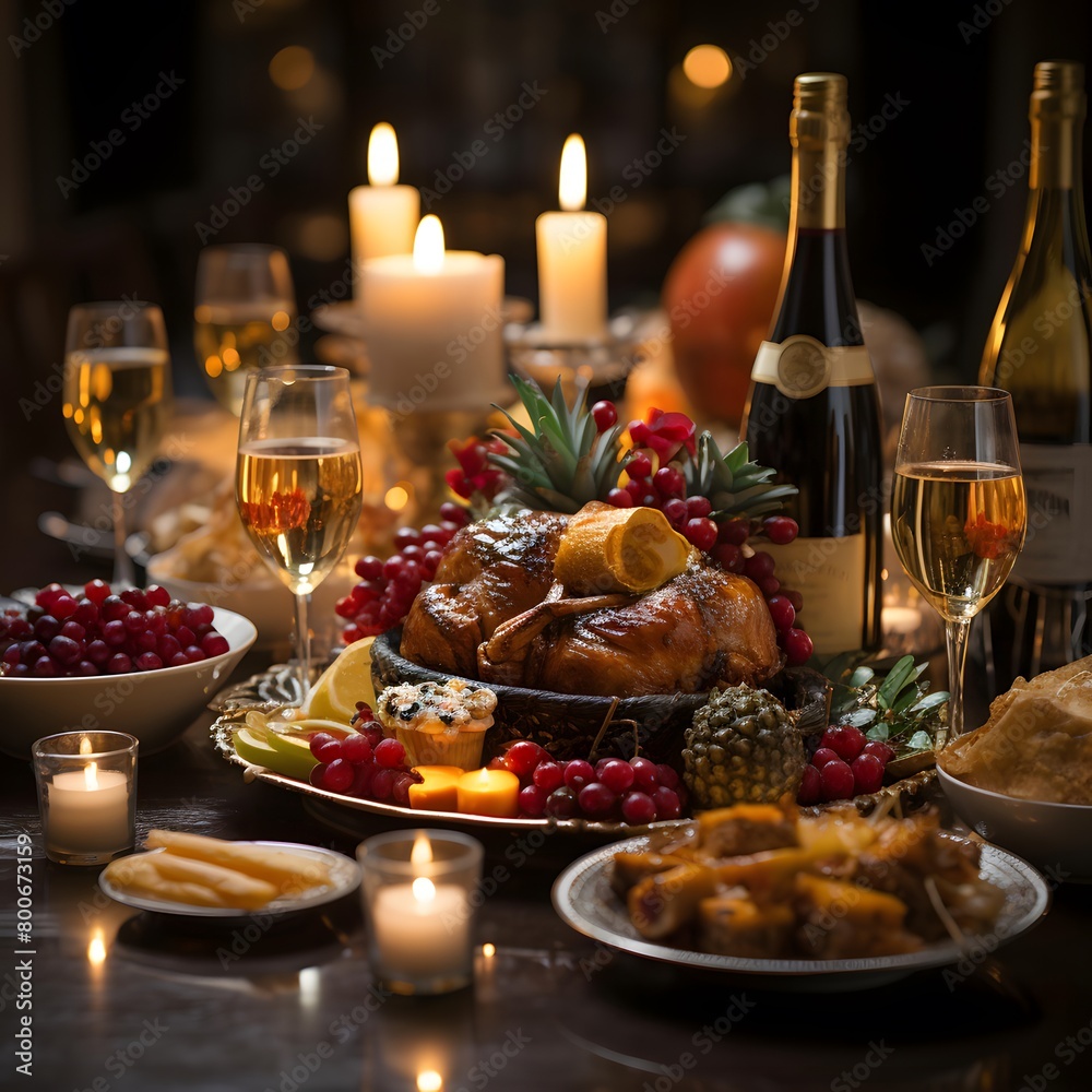 Thanksgiving dinner table with turkey, wine and food on dark background